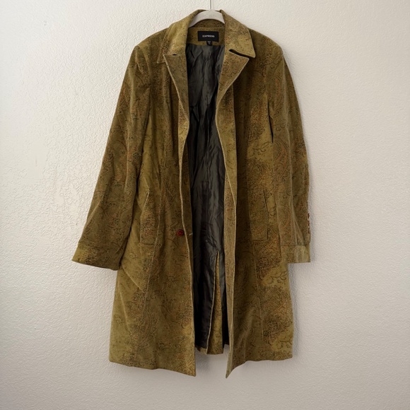 Express Women’s Vintage Moss Green Cotton Paisley Button Coat Size 14 - Picture 12 of 16